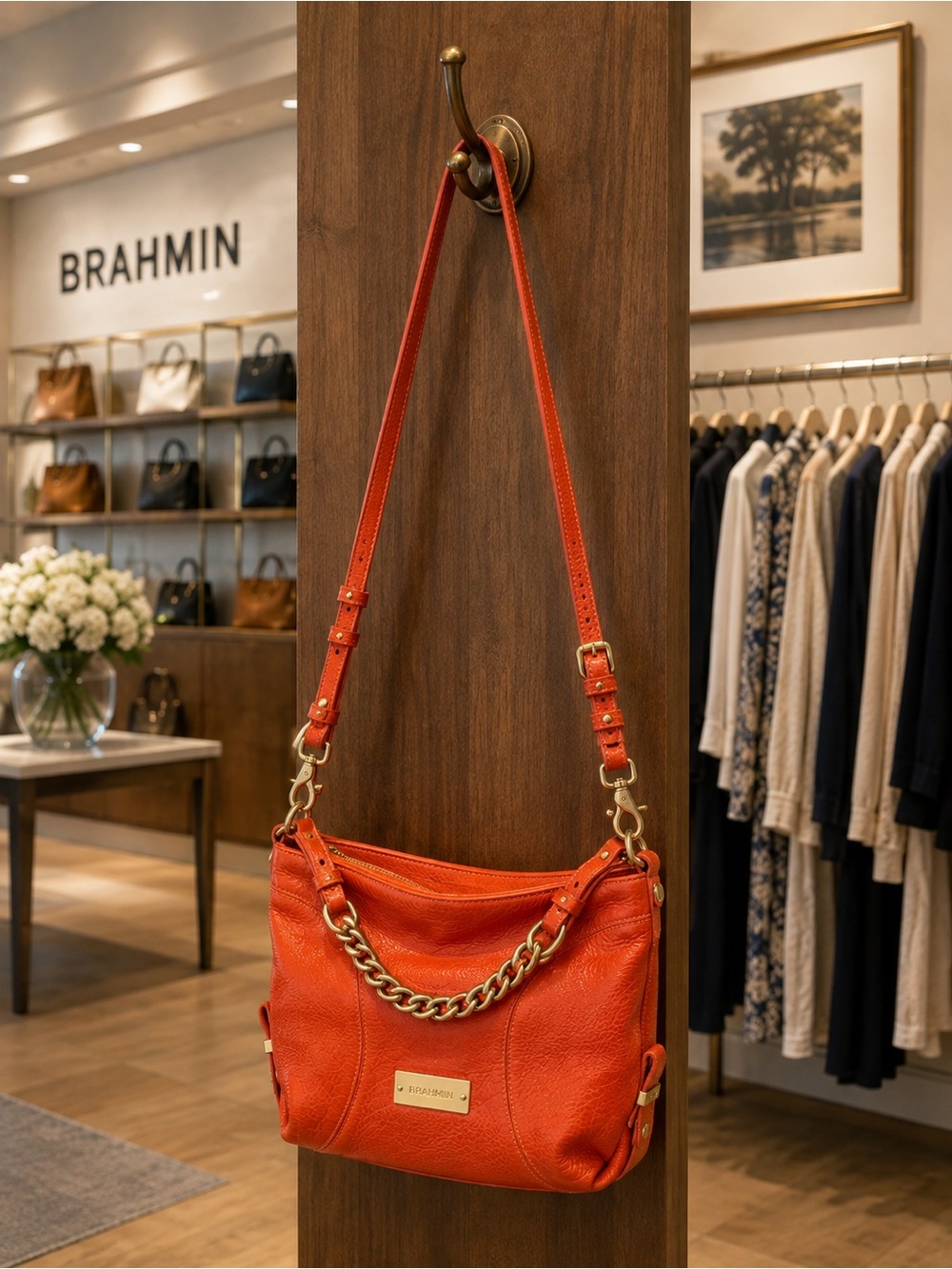 Brahmin Hailey Orange Pebbled Leather Hobo Crossbody Shoulder Bag